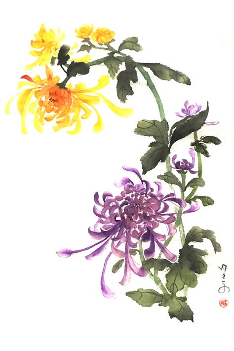 Chinese Art Flower, Chinese Ink Art, Chrysanthemum Art, Chrysanthemum Watercolor, Chinese Painting Flowers, Sumi E Painting, Japanese Watercolor, Chinese Art Painting, Chinese Brush Painting