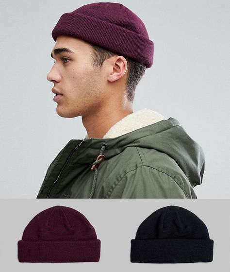 ASOS Mini Fisherman Beanie 2 Pack In Black & Burgundy SAVE Beanie Hat Outfit Men, Black Overalls Outfit, Beanie Hat Outfit, Hat Outfit Men, Mini Beanies, Fisherman Beanie, Beanie Outfit, Chubby Men, Chef Clothes