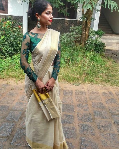 High Neck Full Sleeve Blouse, Set Saree Blouse Designs Kerala, Kerala Attire, Onam Fashion, Set Saree Kerala, Kerala Outfits, Onam 2024, Net Saree Blouse Designs, Onam Dress