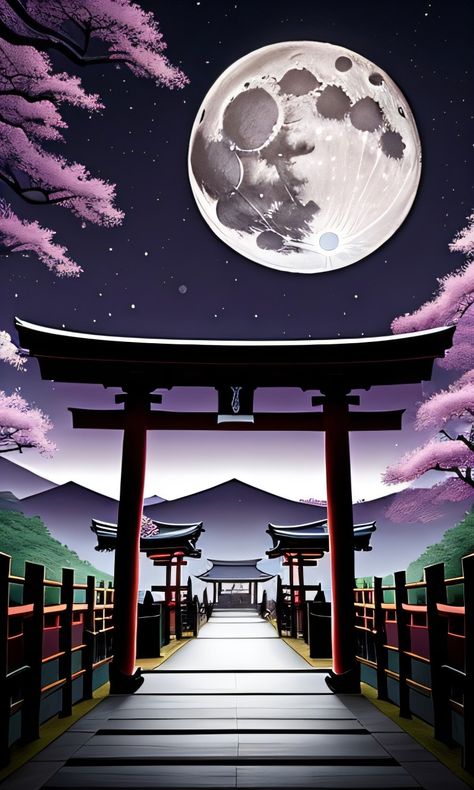 Tori Gate Wallpaper, Torri Gate, Full Moon Wallpaper, Tori Gate, Japanese Gate, Chinese Home, Torii Gate, Dreamy Artwork, Moon Wallpaper