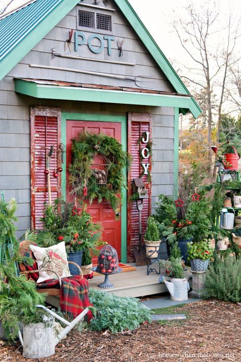 Adding JOY to Potting Shed for Christmas | ©homeiswheretheboatis.net Christmas Sheds Decorating Ideas, Christmas Shed, Potting Benches, Olive Bucket, Shed Decor, Shed Home, Ghost Of Christmas Past, Potting Sheds, Garden Sheds