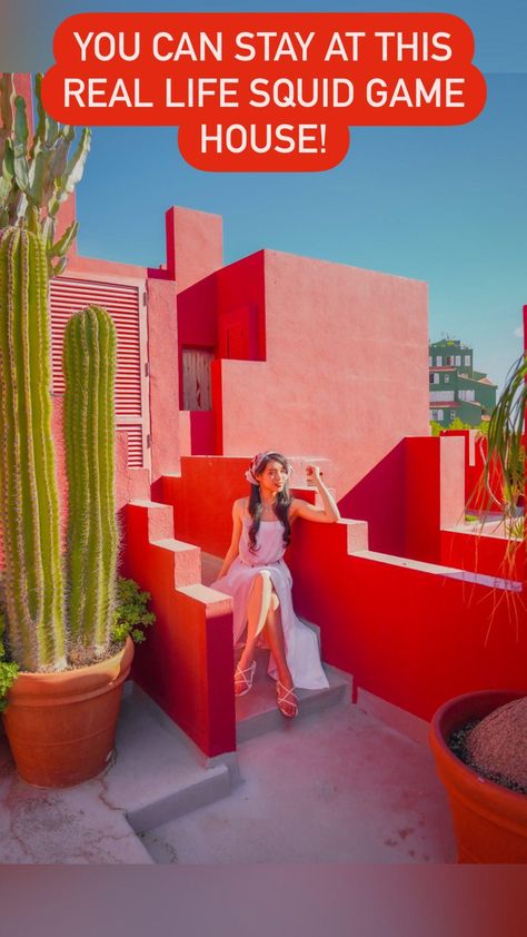 🤯 HOW TO STAY AT THE “SQUID GAME” HOUSE 🦑👀 this is actually an apartment complex called la muralla roja, a surrealist fortress designed the architect ricardo bofill.  and yes—it was inspiration for the iconic pink stairs of squid game! 😵 it’s known for its bright red, pink, and blue colors, its endless labyrinthine stairs, and cross-shaped rooftop pool. 💗

🏠 HOW TO STAY AT LA MURALLA ROJA
you’re ONLY allowed access to la muralla roja if you stay here! many owners rent their apartments out on ...