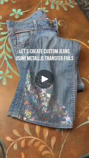 286K views · 3.9K reactions | Let's create some custom stencilled and foiled jeans 😍

#upcyclingideas #diycrafts #craftingideas #metallicfoils #foils #transferfoil #upcycledfashion | Artistic Painting Studio | Billie Eilish · BIRDS OF A FEATHER Diy Painted Jeans Ideas, Diy Bleach Jeans, Painted Denim Jeans, Clothing Upcycle, Artistic Painting, Deco Foil, Holiday Clothing, Sewing Basket, Upcycled Clothes