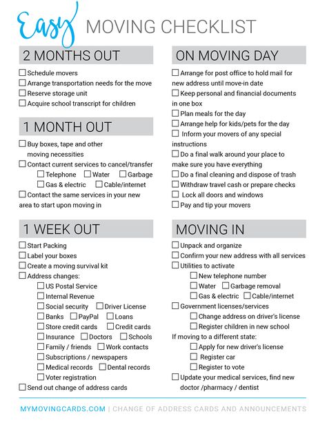 Moving checklist - free printable download Office Moving Checklist, Apartment Moving Timeline, Moving Template, Moving To Do List Free Printable, Pcs List Moving Checklist, Checklist For Moving Out Of State, First Apartment List Moving Checklist Free Printable, Moving Timeline Checklist, Move Across Country Checklist