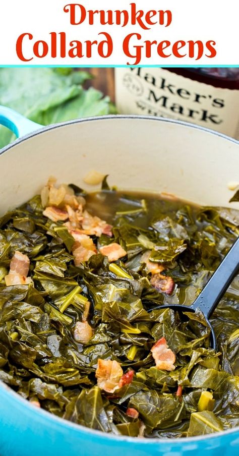 Drunken Collard Greens with bourbon #southern Collard Greens Recipe With Bacon, Crock Pot Collard Greens, Crockpot Collard Greens, Easy Collard Greens Recipe, Greens Recipe Soul Food, Collard Greens With Bacon, Southern Style Collard Greens, Southern Collard Greens, Collard Greens Recipe