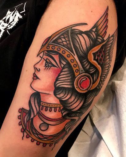 Traditional Shield Tattoo, Joan Of Arc American Traditional Tattoo, American Traditional Valkyrie Tattoo, Traditional Valkyrie Tattoo, Neo Traditional Valkyrie Tattoo, American Traditional Lady Head, Maria Tattoo, Valkyrie Tattoo, Roman Warriors