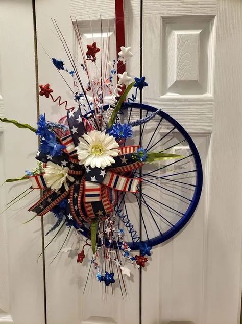 Bicycle Wheel Decor, Bicycle Wheel Wreath, Wheel Crafts, Patriotic Door Wreath, Wheel Wreath, 4th July Crafts, Wheel Decor, Fourth Of July Decor, Bicycle Wheel