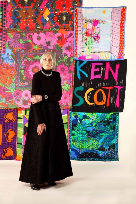 Susan Nevelson in front of some of her print designs for Ken Scott - - image on display at Palzzo Pitti Museo del Costume, Florence Italy in the exhibit ‘Women In the Spotlight’/’Donne Protagoniste del 900’ ph Jerry Lee Ingram Styling Kelly Dunagan, Hannah Marion, and Luca Cardelli, HMU Ronnie Cosma Bigalli Pitti Palace, Ken Scott, Jerry Lee, Fashion Archive, Pattern Stamping, Clothing And Textile, In The Spotlight, Print Trends, Textiles Fashion