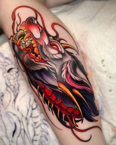 Sick neo-traditional wolf inked by... - Killer Ink Tattoo Traditional Match Tattoo, Traditional Lion Tattoo, Traditional Tattoo Man, Doberman Tattoo, Neo Tattoo, Funky Tattoos, Traditional Japanese Tattoos, Tatuaje A Color, Traditional Tattoo Design