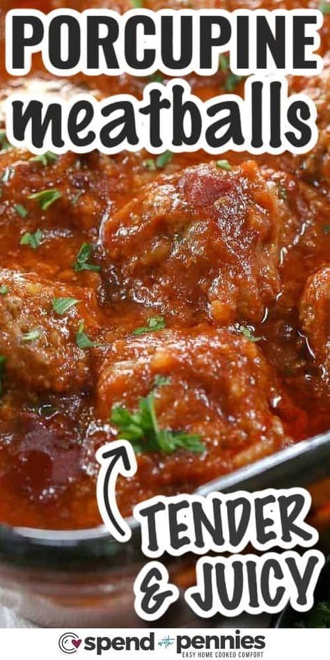 Porcupine meatballs are made with ground beef, rice, onion and seasonings then baked in a rich tomato sauce. So zesty and delicious, and ready in only an hour! #spendwithpennies Baked Porcupine Meatballs, Porcupine Meatballs Recipe, Oven Roasted Potatoes Easy, Porcupine Meatballs, Meatball Dishes, Meatballs And Rice, Ground Beef Rice, Beef Rice, Meatball Recipes Easy