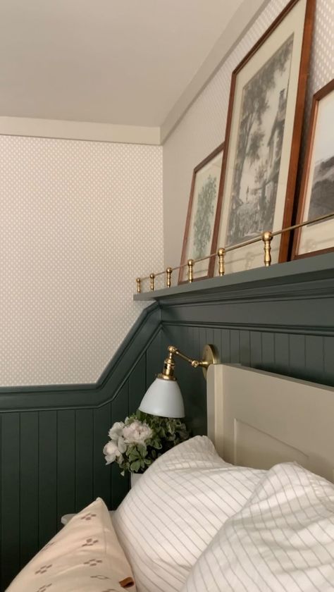 heyfeatherstone on Instagram: This sloped paneling just might be my favorite part of this room! I wanted a way to connect my lower paneling on either side of the room… Paneling Behind Bed, Moody Bedroom, Attic Room, Home Design Diy, Attic Rooms, Wall Bed, Room Ideas Bedroom, Pretty House, Have You Seen