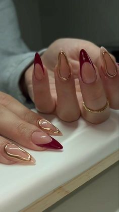 Year Nails, Birthday Nail Designs, Red And Gold Nails, Wine Nails, Almond Nails Designs, Uñas Acrilicas, French Tips, Birthday Nails, Prom Nails