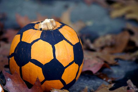 GOAL!!!!!!!!!!!! Pumpkin Soccer Ball, Soccer Pumpkin Painting, Soccer Pumpkin, Mcqueen Birthday, Soccer Decor, Creative Pumpkin Decorating, Toddler Craft, Halloween Party Dinner, Creative Pumpkins