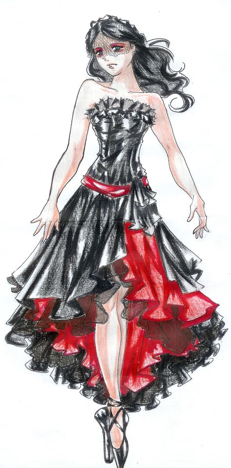 Dress<3 inspired by Helena-MCR  Mods: Ribbon will be Neon rainbow; Layers of Neon tulle instead of just red Helena Dress, Fashion Design Sketch, Sketches Dresses, Dress Drawing, Red Dress Style, Fashion Design Sketches, My Chemical, Look Vintage, Classy Dress