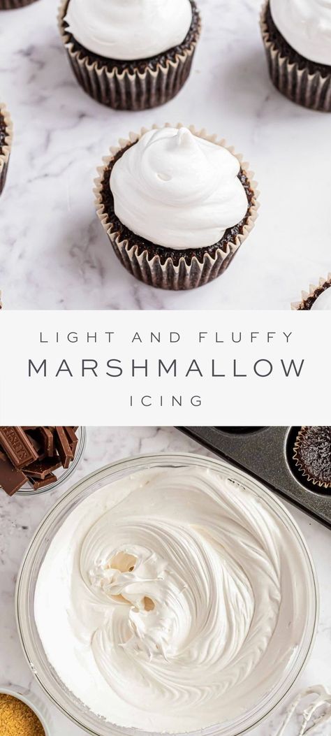 Marshmallow Frosting From Marshmallows, Marshmallow Icing Easy, Easy Light Frosting Recipe, Marshmallow Icing Recipe, Light Icing Recipe, Less Sweet Frosting, Frostings For Cakes, Homemade Cupcake Icing, Light Frosting Recipe