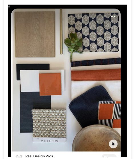 Navy And Orange Kitchen Decor, Blue White Orange Living Room, Navy And Orange Accents Living Room, Color Schemes With Burnt Orange, Navy Orange Bathroom, Blue Orange Gray Color Palette, Orange And Blue Fabric, Blue Sofa Orange Cushions, Blue And Orange Boho Living Room