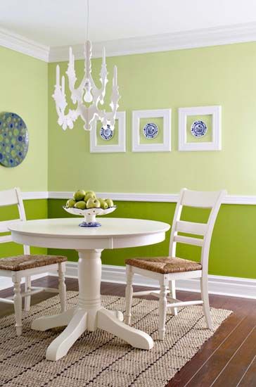 White Decorating Ideas, White Picture Frames for Bright Wall Decor Contemporary Dining Room Design, Vintage Wallpaper Patterns, Green Painted Walls, Room Wall Colors, Bright Walls, Dining Room Colors, Bright Rooms, Dining Room Wall Decor, Green Walls