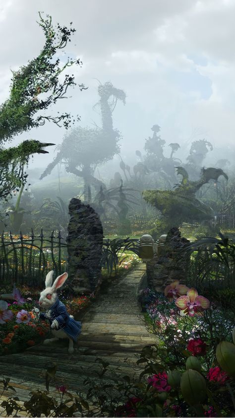 A promotional picture of the White Rabbit standing in an ominous garden in Wonderland. Aesthetic Alice In Wonderland, Alice In Wonderland 2010, Alice In Wonderland Garden, Alice In Wonderland Art, Wonderland Aesthetic, Wonderland Party Decorations, Alice In Wonderland Aesthetic, Rabbit Wallpaper, Wonderland Alice