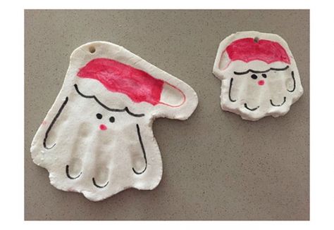 Salt Dough Santa's Salt Dough Santa, Christmas Footprint Crafts, Santa Footprints, Santa Handprint, Christmas Handprint Crafts, Handprint Ornaments, Crooked House, Handprint Christmas, Footprint Crafts