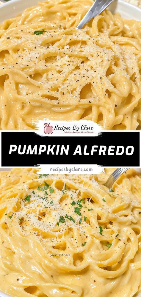 Enjoy a comforting bowl of Creamy Pumpkin Alfredo, where velvety pumpkin sauce meets perfectly cooked pasta. This dish is an autumn favorite, blending savory flavors with a touch of seasonal warmth.  Ingredients:  1 cup canned pumpkin puree 1 cup heavy cream 1/2 cup grated Parmesan cheese 12 oz fettuccine or pasta of choice This dish offers a rich and creamy sauce that’s perfect for cozy fall dinners. Dinner Recipes With Pumpkin Puree, Iron Chef Recipes, Pumpkin Alfredo Pasta, Spanish Pasta, Fall Pasta Dishes, Pumpkin Pasta Recipe, Pumpkin Alfredo, Pumpkin Recipes Dinner, Pumpkin Pasta Sauce