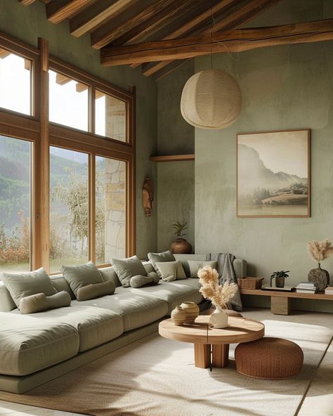 Green And Wood Home Aesthetic, Japandi Living Room Black Sofa, Earthy Tones Living Room, Sage Green Living Room Ideas, Terracotta Ideas, Welcome Home Decor, Aesthetic Sage Green, Green Living Room Ideas, Sage Green Living Room