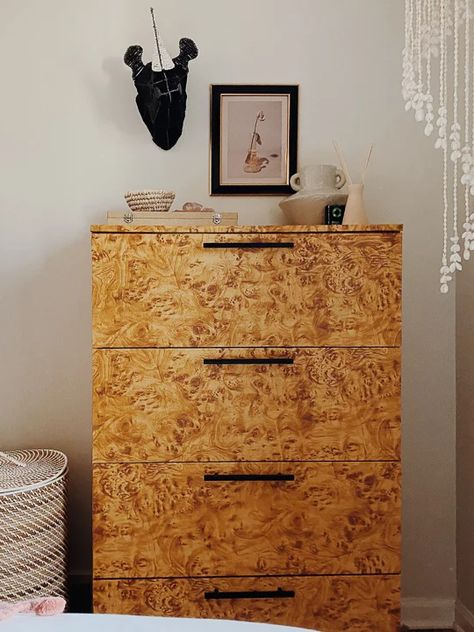 Burl Wood or Contact Paper? These 3 Furniture Hacks Are an Optical Illusion | domino Contact Paper Cabinets, Ikea Brimnes, Burled Wood Furniture, Tv Unit Interior Design, Paper Furniture, Faux Painting, Diy Dresser, Wood Dresser, Burl Wood