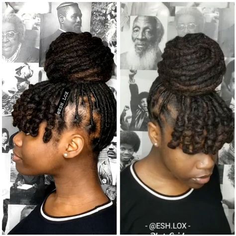 Loc Bangs Black Women, Up Do Loc Styles, Loc Knot Bangs, Loc Progression, Loc Styles With Bangs, Medium With Bangs, Loc Bangs, Loc Styles Medium, Bangs Black Women