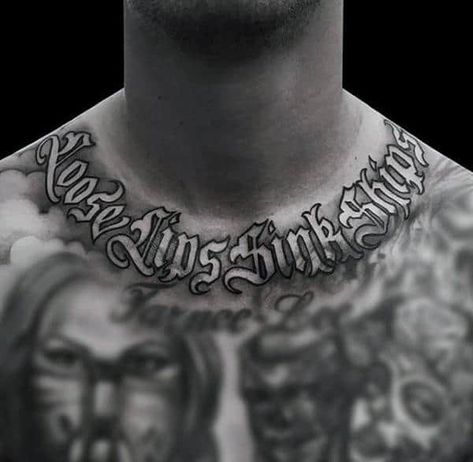 Collar Bone Lettering Tattoo, Old English Neck Tattoo, Tattoos On Chest Men, Back Lettering Tattoo Men, Chest Word Tattoos For Men, Chest Lettering Tattoo Men, Stomach Lettering Tattoos Men, Collar Tattoo Men, Neck Lettering Tattoo