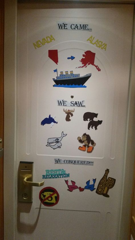 Cricut magnets for door on Alaska Princess cruise! Cruise Door Decorations Alaska, Alaskan Cruise Door Decorations, Alaska Cruise Door Decorations, Alaska Princess Cruise, Cricut Magnets, Alaskan Summer, Cabin Door Decorations, Cruise Door Decorations, Disney Cruise Door