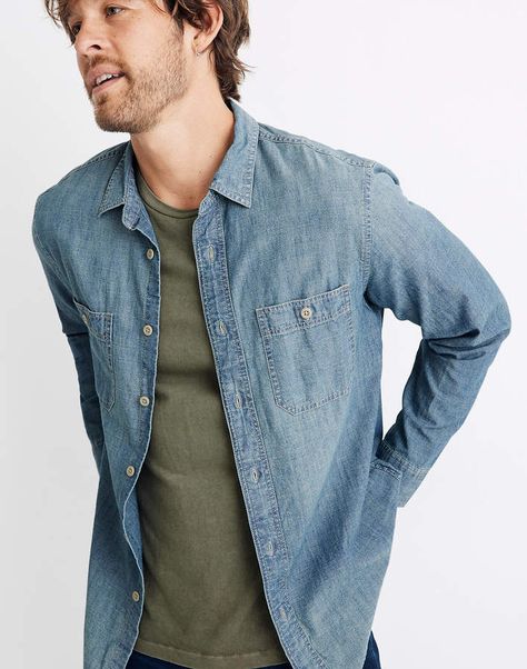 Madewell Chambray Shirt in Winterdale Wash Denim Shirt Outfit Summer, Chambray Shirt Outfit, Chambray Shirt Outfits, Mens Outfits Streetwear, Chambray Shirt Men, Chambray Shirts, Denim Shirt Outfit, Shirt Outfit Summer, Madewell Shirts