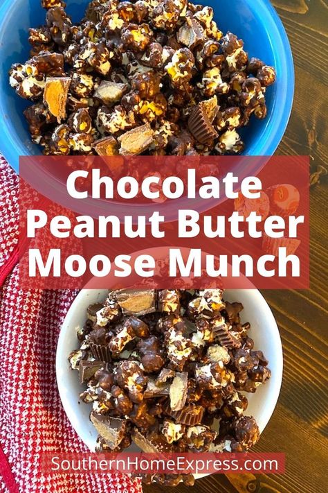 When you're in the mood for a sweet snack packed with your favorite flavors, make a batch of chocolate peanut butter moose munch. It's perfect for any dessert table, the holidays, or other special occasions. #moosemunch #chocolatepeanutbuttersnack Peanut Butter Moose, Moose Munch Popcorn Recipe, Moose Munch, Christmas Yummies, Holiday Sweets, Chocolate Popcorn, Holiday Favorite Recipes, Popcorn Recipes, Peanut Butter Fudge