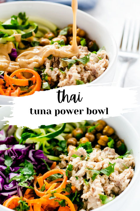 collage showing all components of the bowl Tuna Rice Bowl Healthy, Tuna Bowl Meal Prep, Healthy Tuna Bowl Recipes, Tuna Power Bowl, Quinoa Tuna Bowl, Tuna Bowl Healthy, Tuna Bowl Canned, Tuna Buddha Bowl, Canned Tuna Bowl