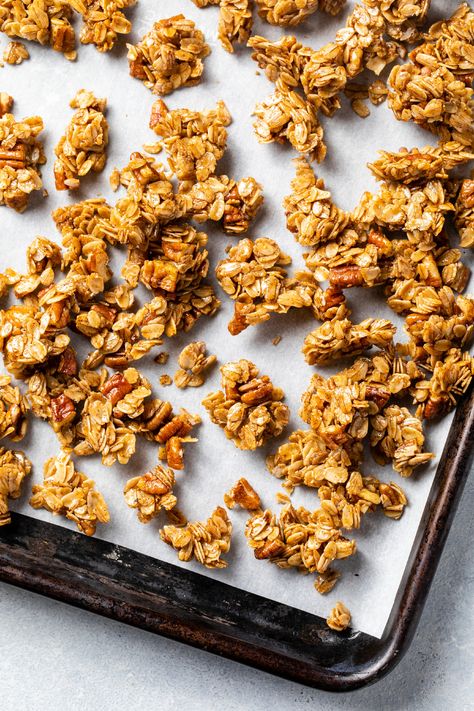 This homemade granola is easy, wholesome, and packed with the flavors of fall: maple, vanilla, and pecans. Skillet Granola, Granola Muffins, Donut Toppings, Cookie Toppings, America's Test Kitchen Recipes, Maple Pecan, Americas Test Kitchen, Homemade Granola, Granola Girl