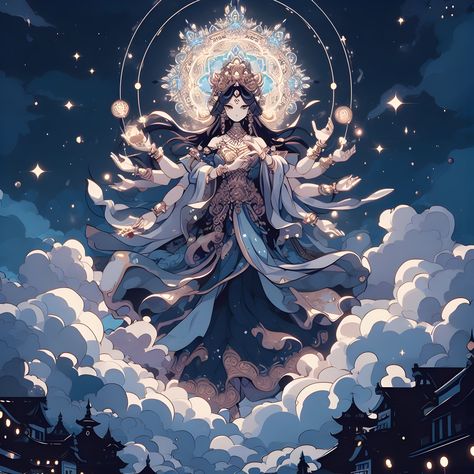 An anime of goddess Durga with light clouds in the night sky God Of Sky Fantasy Art, Anime Gods And Goddesses, Cloud Goddess Art, Goddess Of Time Fantasy Art, Durga Digital Art, Cloud Goddess, Dream Goddess, Art Goddesses, Cloud Kingdom