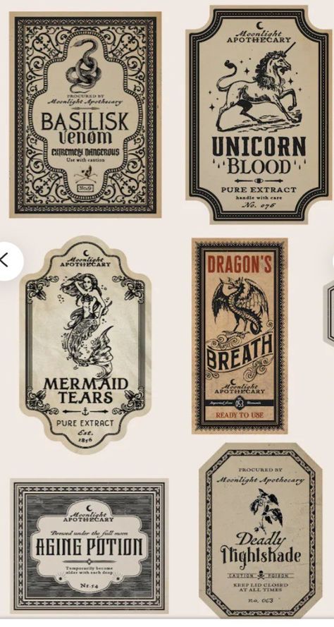 Apothecary Potion Labels, Labels For Potion Bottles, Potion Bottles Harry Potter, Potion Book Aesthetic, Witchy Scrapbook Printables, Witch Potion Labels, Hogwarts Scrapbook Ideas, Harry Potter Bottle Art, Witchy Stickers Aesthetic