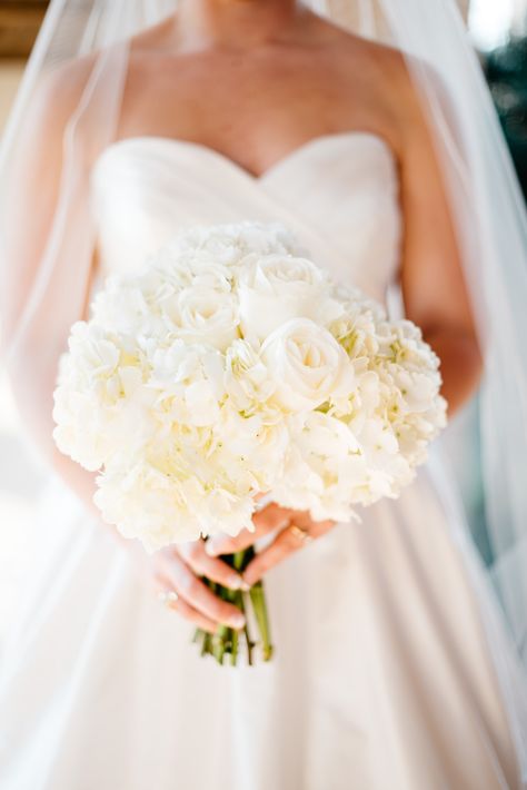 Classic all white wedding bouquet with white roses and hydrangeas. White Rose Hydrangea Bouquet, White Rose And Hydrangea Bouquet, Hydrangea Table Arrangements, Round Wedding Bouquets, Roses And Hydrangea Bouquet, Hydrangea And Rose Bouquet, White Hydrangea Centerpiece, White Roses And Hydrangeas, All White Wedding Bouquet