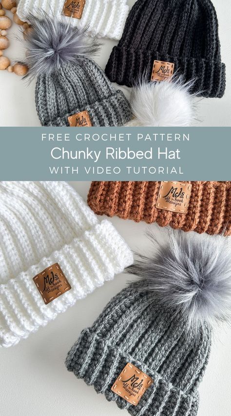 Free Crochet Pattern for Blog Subscribers. Bundle up and stay cozy in the Chunky Ribbed Crochet Hat. The crochet hat is thick and warm with a fold-over band and unique ribbed stitch. Sizing includes baby to adult with a step-by-step video tutorial on YouTube. Crochet Hats Free Pattern Thick Yarn, Crochet Ribbed Hats Free Pattern, Faux Knit Crochet Hat, Chunky Ribbed Crochet Hat, Crochet Womens Hat Pattern, Chunky Knit Toque Pattern Free, Free Crochet Toque Patterns, Crochet Beanie Pattern Free Bulky Yarn, Crochet Stocking Hat Free Pattern