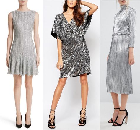 What Color Shoes to Wear with Silver Dress & Outfit Silver Evening Dress Long, Silver Dress Styling, Shoes For Gray Dress, Accessories For Silver Dress, Shoes For Silver Dress, Shoes For Grey Dress, Silver Formal Dress Short, Metallic Silver Dress Outfit, Metallic Dress Outfit Silver