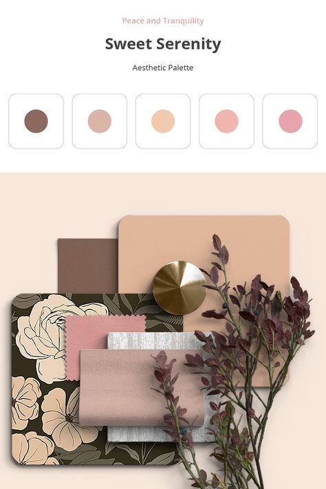 An inviting and warm interior design mood board featuring earthy brown and blush tones, including a rich chocolate brown,  a soft pink beige, a light peach, a muted salmon, and a delicate light pink. These colors work together to create a cozy and comfortable space with a touch of elegance. Serenity Aesthetic, Peach Living Rooms, Aesthetic Palette, Peach Rooms, Pink Home Office, Rv Interior Remodel, Playful Palette, Peach Walls, Peach Palette