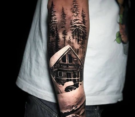 Cabin in the winter wood, nice black and grey realistic tattoo work done by tattoo artist Hugo Feist #tattoo #art #ink #realistic #blackandgrey #tattooartist #HugoFeist #idea #design #cabin #wood Cabin In The Woods Tattoo, Scene Tattoos, Mountain Sleeve Tattoo, Cabin Tattoo, Alaska Tattoo, Steve Butcher Tattoo, Outdoor Tattoo, Wood Tattoo, Hunting Tattoos