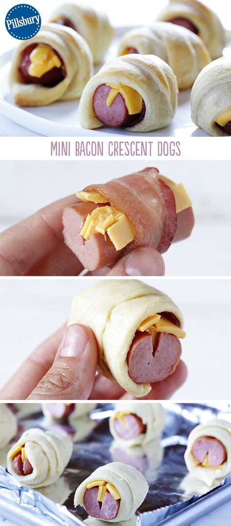 Bacon.  Cheese.  Hot Dogs.  Crescent Rolls.  You pretty much can’t go wrong with these! Did you love pigs in a blanket as a child?  Well if so, you should totally give this fun “mini” version a try!  Made with crescent roll dough, these little dogs are quite the tasty snack-time treat. Pigs On A Blanket, Pigs In A Blanket Recipe With Bacon, Pigs In A Blanket With Hot Dogs, Crescent Roll Hot Dogs Pillsbury, Mini Hotdogs In Crescent Rolls, Pigs In A Blanket Recipe With Hot Dogs, Hotdogs Wrapped In Crescent Rolls, Mini Hot Dogs In Crescent Rolls, Pigs In A Blanket Recipe Pillsbury