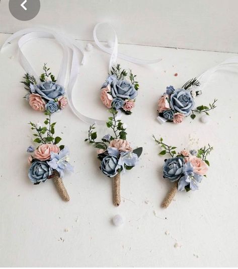 Dusty Blue Boutonniere, Fairground Wedding, Blue Corsage, Pale Pink Weddings, Baby Pink Wedding, Blue Boutonniere, Pink Boutonniere, Bridal Corsage, Blue And Blush Wedding