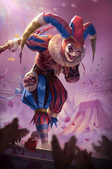 Rockstar Concept Art, Scary Jester Art, Female Clown Art Anime, Fantasy Clown Art, Space Clown Dnd, Evil Clown Art, Clown Illustration Character Design, Carnival Character Design, Anime Clown Art