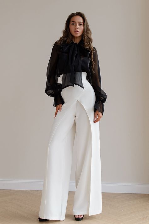 White High Waist Palazzo Pants Black And White Gala Outfit, Structured Pants, High Waist Palazzo Pants, Palazzo Pants Outfit, Trendy Date Night Outfit, Black Lace Shirt, Palazzo Style, Gala Outfit, Zipper Lock