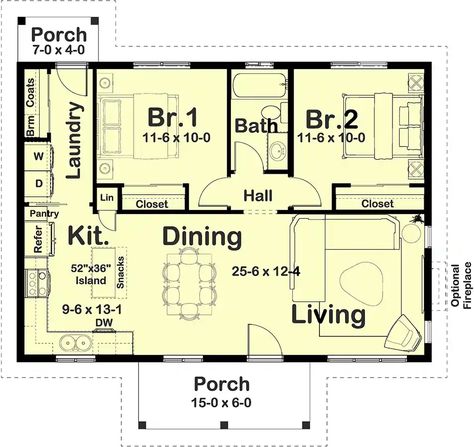 Country House Plan - 2 Bedrooms, 1 Bath, 936 Sq Ft Plan 32-185 30x30 House Plans 2 Bedroom, 2 Bedroom Floor Plans Open Concept, Floor Plans Open Concept, Floor Plans Open, 1500 Sq Ft House, 2 Bedroom Floor Plans, Dream Country, Country Style House, Monster House Plans