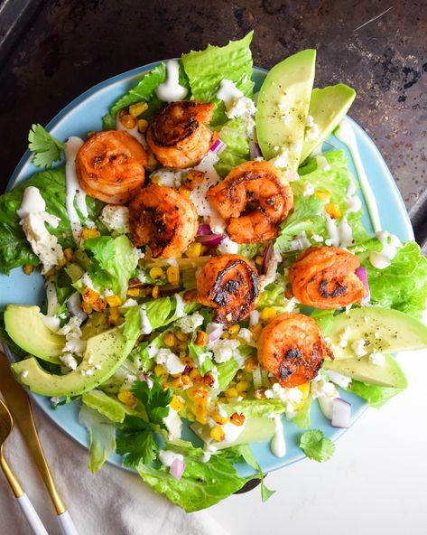 Blackened Shrimp Salad with Corn and Avocado Blackened Shrimp Salad Recipes, Salad With Corn And Avocado, Blackened Shrimp Salad, Salad With Corn, Smoked Shrimp, Spicy Fish Tacos, Blackened Shrimp, Shrimp Salad Recipes, Spicy Corn