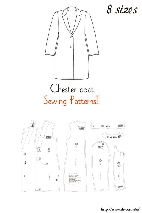 This is the pattern of a Chester Coat. cm size(A4 size) Children's-120,140/Ladies'-S,M,L,LL/Men's-L,LL Women's Coat Pattern, Coat Sewing, Simple Dress Pattern, Japanese Sewing Patterns, Coat Pattern Sewing, Free Sewing Patterns, Jacket Pattern Sewing, Garment Pattern, Easy Sewing Patterns