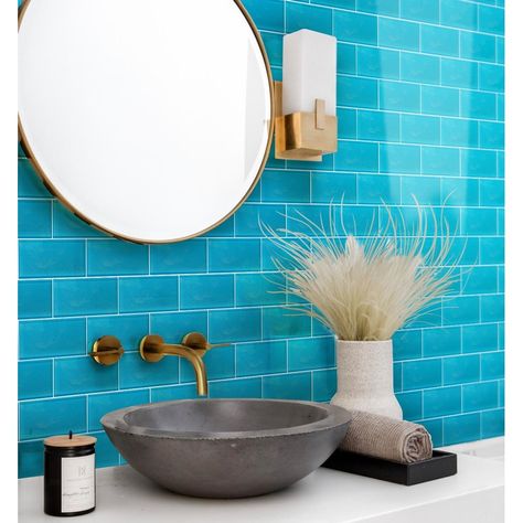 Colorful Beach House, Vinyl Wall Tiles, Blue Glass Tile, Accent Wall Design, Stone Laminate, Reno Kitchen, Moore House, Glass Subway Tile, Glass Brick