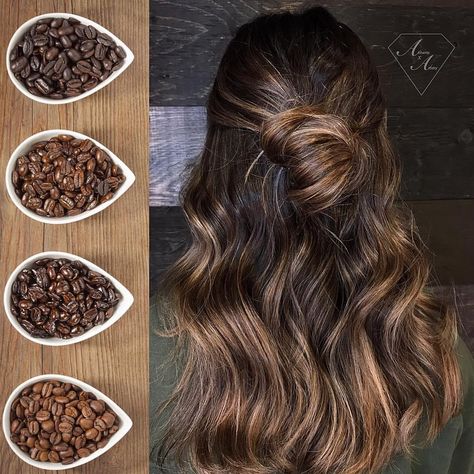 Coffee Hair Color Highlights, Coffee Hair Color, Cosmetology Career, Fall Creations, Coffee Hair, Aesthetic Hairstyles, Highlights Curly Hair, 3 Coffee, Simple Hairstyles