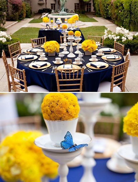 Yellow And Blue Wedding, Blue Place Settings, Royal Wedding Themes, Blue Yellow Weddings, Yellow Wedding Decorations, Blue Wedding Theme, Wedding Table Linens, Boda Mexicana, Royal Blue Wedding